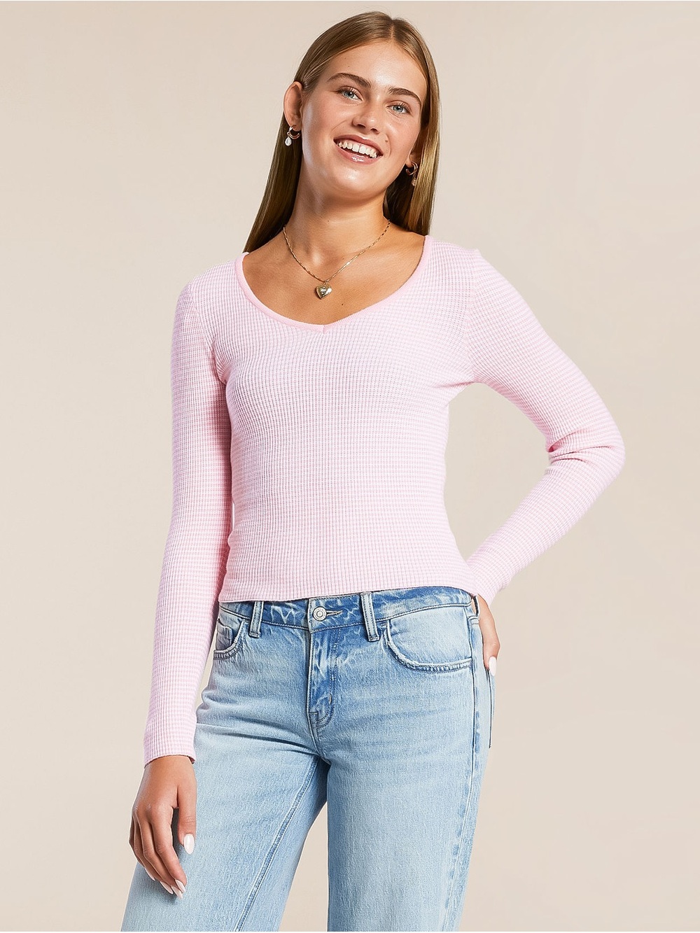 Light Pink Waffle Knit Long Sleeve Top